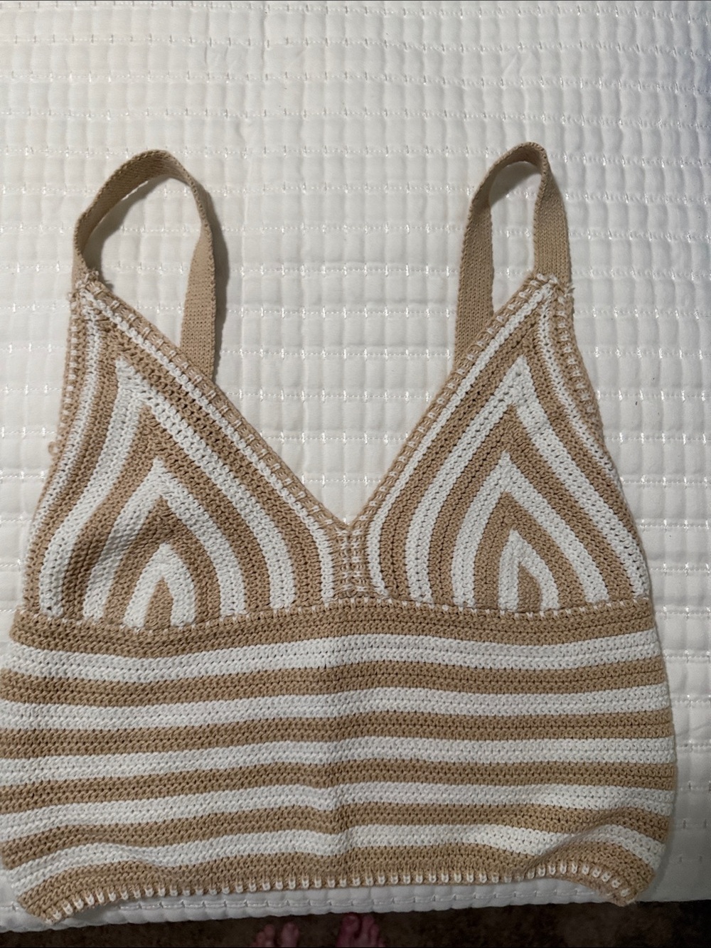 Striped Knit V-Neck Camisole in Beige and White